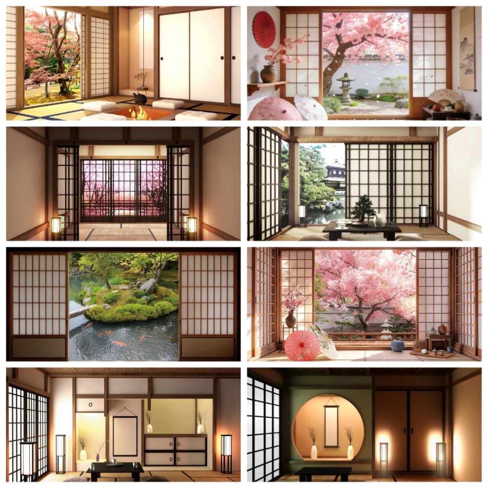 Photography Zen - 和風インテリア窓桜禅テーマのバナー背景、誕生日パーティーの装飾写真スタジオの背景