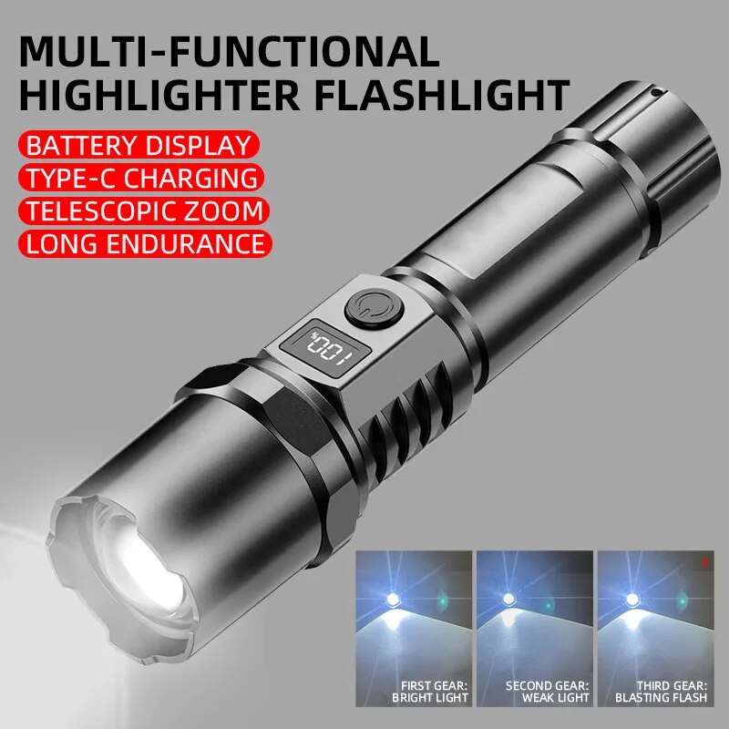 Photography Ratio - Xhp100充電式格納式LED懐中電灯,高出力,デジタルズーム,USB,キャンプ,屋外,緊急用