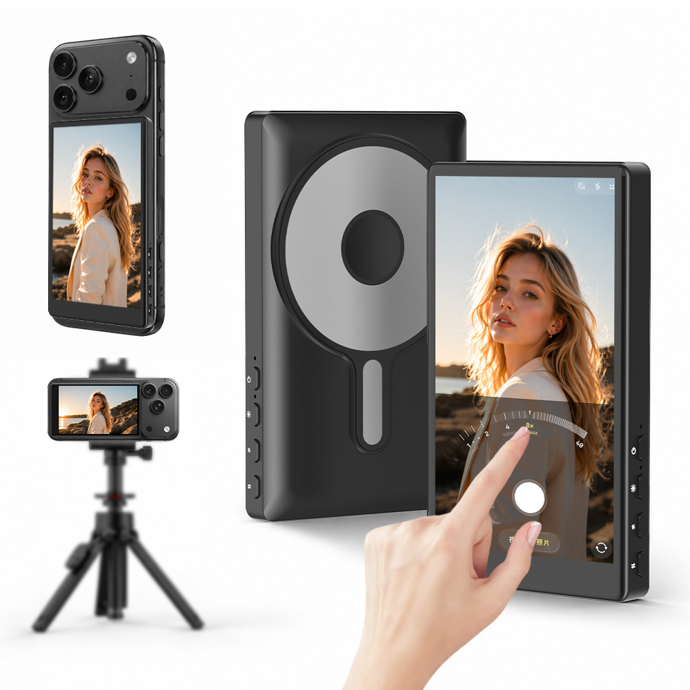 Photography Zoom - iPhone/Android対応のVlog自撮りモニタースクリーン、スピーカー付きマグネット式バックカメラモニター、携帯電話の逆操作に対応