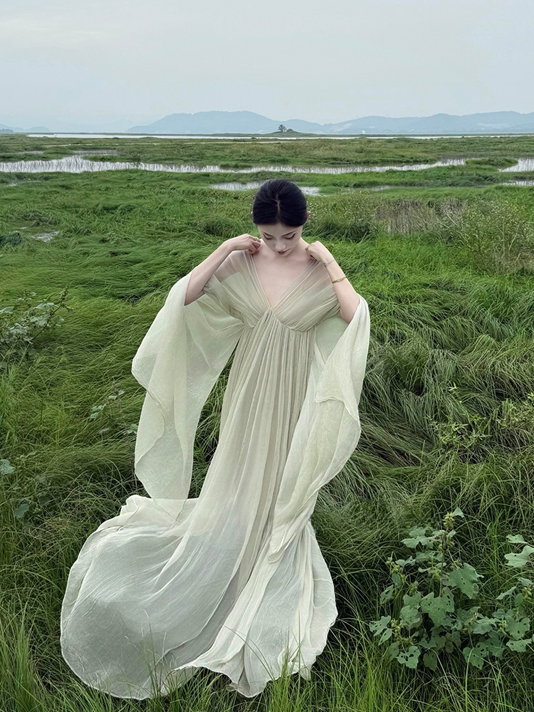 Photography Zen - 新中国風ゆったりロングワンピース レディース エレガントな禅風 クールな雰囲気 写真撮影用 重厚感のある折り畳みポリエステル繊維