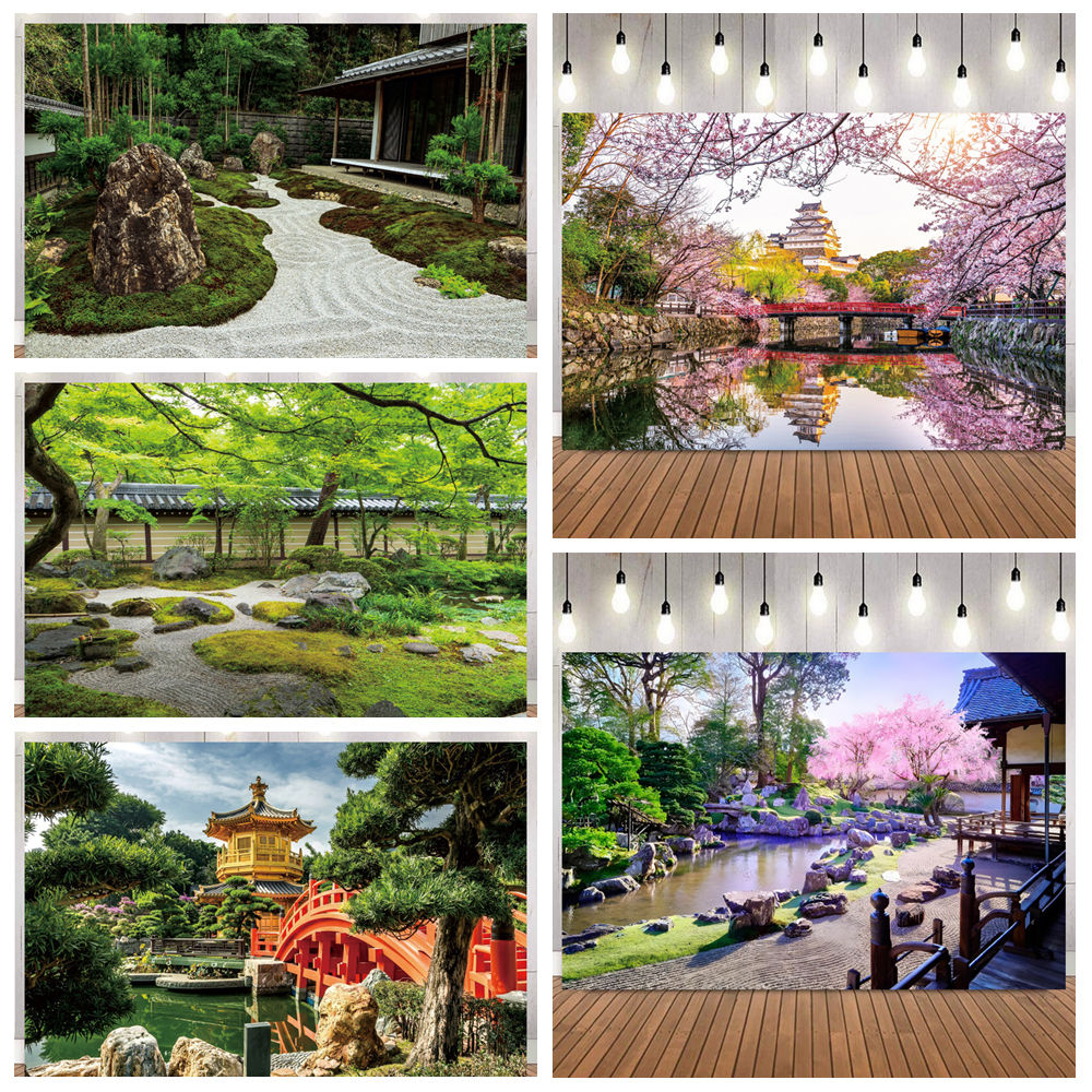 Photography Zen - 和風禅庭園写真背景 トーリー 赤橋 桜 肖像撮影 ホームデコレーション