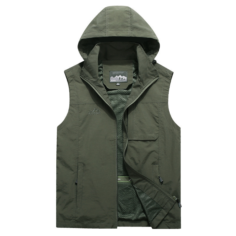 Photography Vest - 男性屋外フード付き取り外し可能なカーゴベスト男性の写真撮影ノースリーブジャケット薄型メッシュ通気性チョッキ男ルーズベスト 7X
