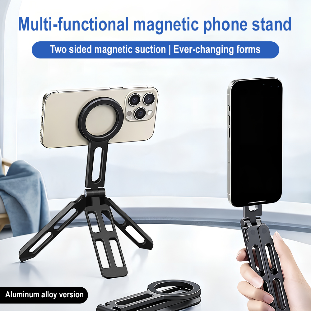 Photography Lighting - マグネット式スマホホルダー 四軸360度回転 ° 回転折りたたみ式自撮り棒 アルミ合金製ポータブルポケット三脚スタンド Vlogライブ用