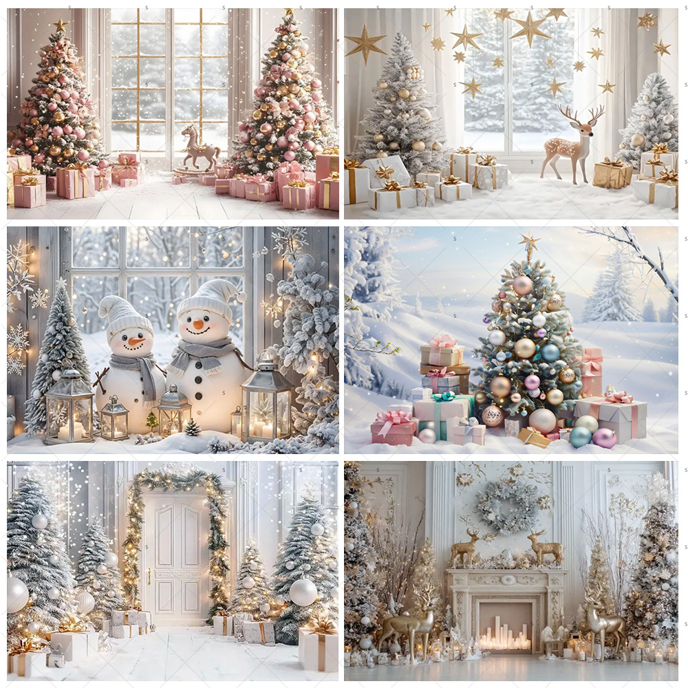 Photography Composition - ホワイトクリスマス雪景色背景クリスマスツリーガーランドギフト写真撮影背景家族クリスマスパーティー装飾写真スタジオ