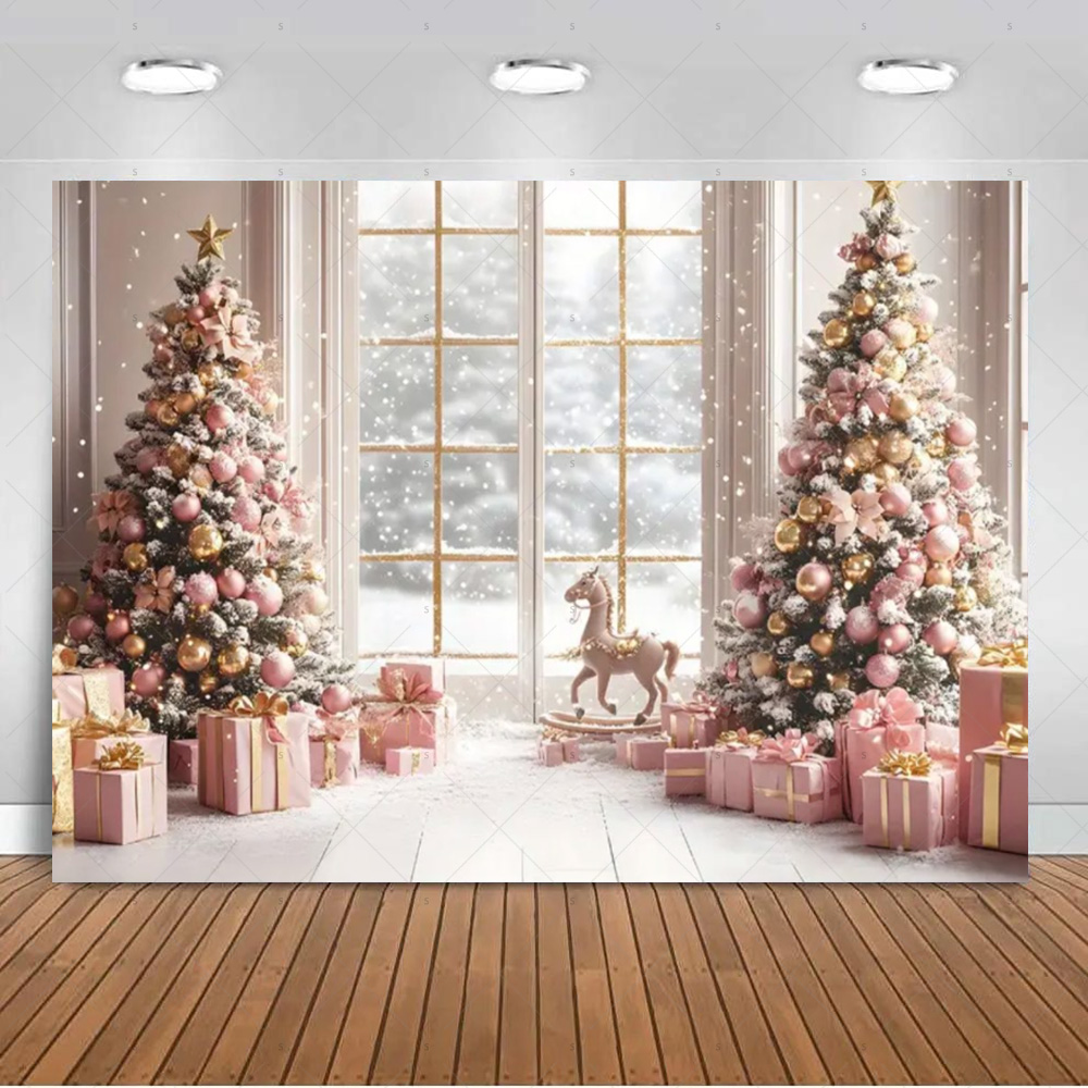 ホワイトクリスマス雪景色背景クリスマスツリーガーランドギフト - Photography Composition のレビューと価格