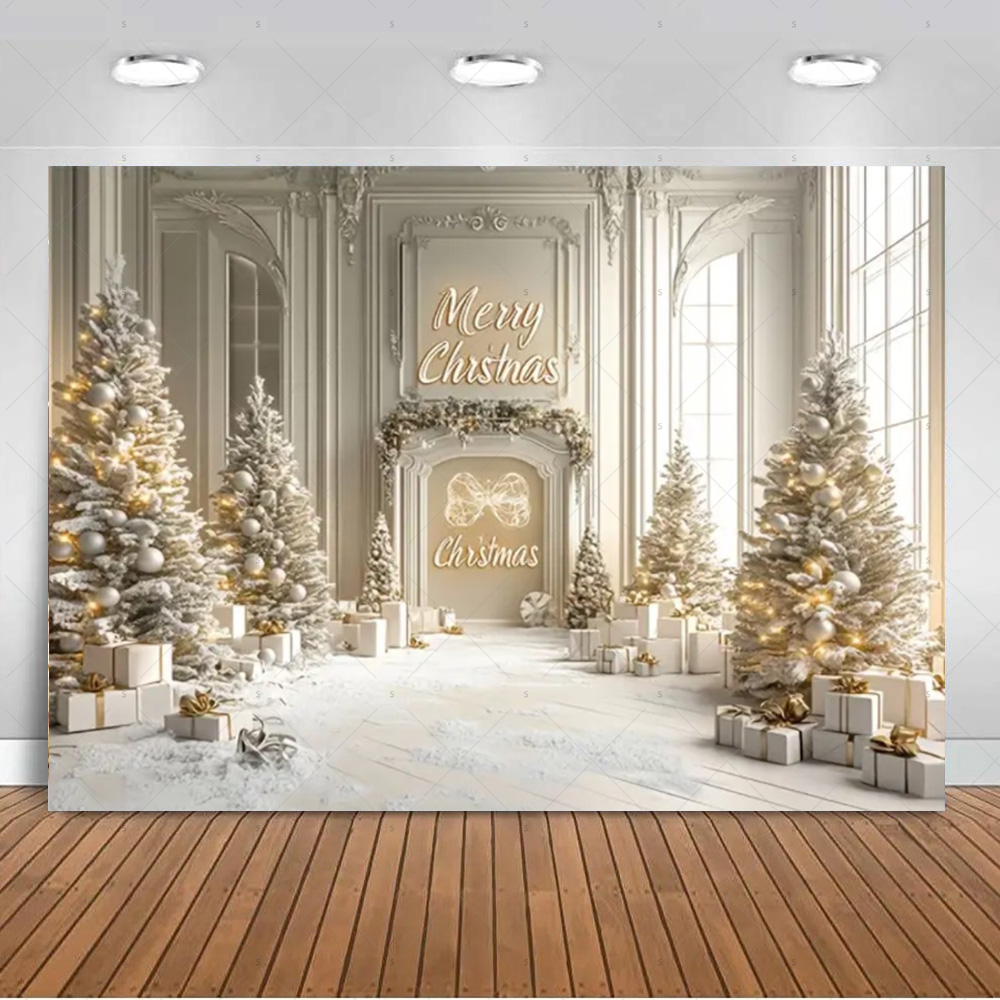 ホワイトクリスマス雪景色背景クリスマスツリーガーランドギフト - Photography Composition のレビューと価格