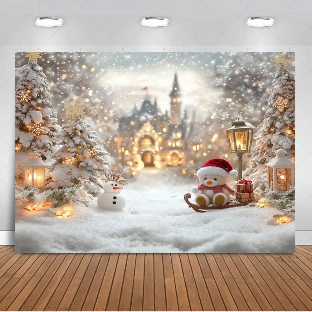ホワイトクリスマス雪景色背景クリスマスツリーガーランドギフト - Photography Composition のレビューと価格